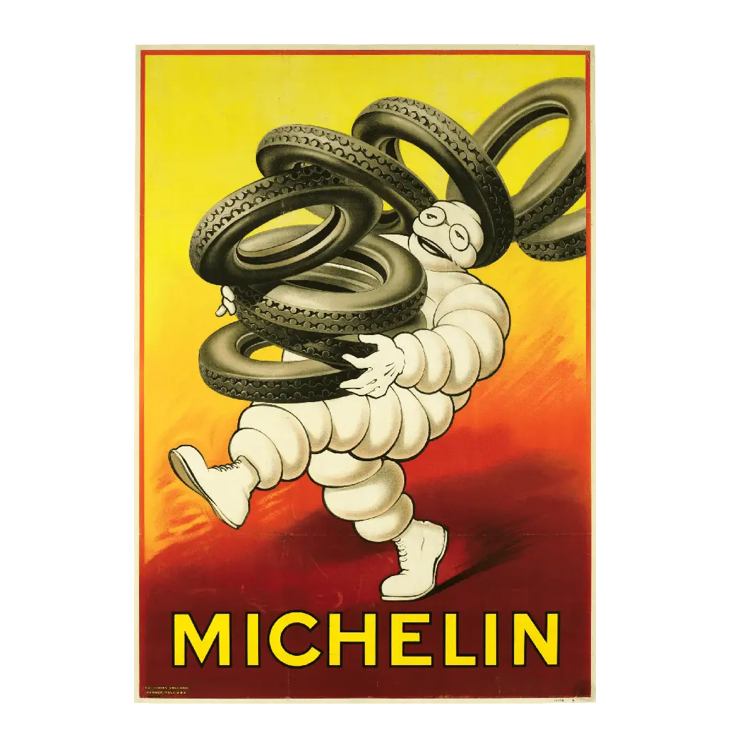 Affiche Bibendum et sa pile de pneus